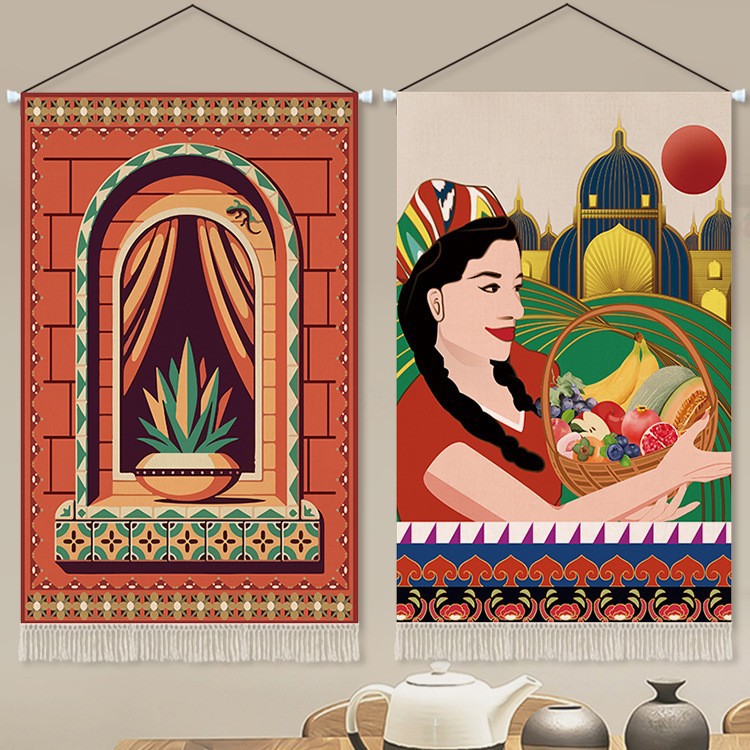 佳鹊新疆特色布艺挂画民族风挂毯民宿餐厅饭店墙面装饰美食背景布