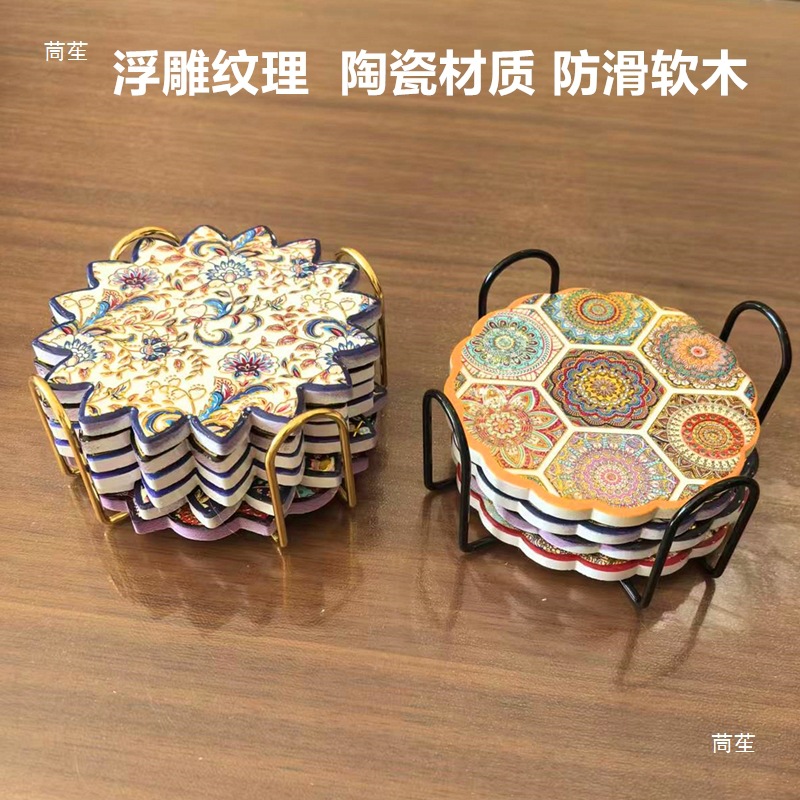 新疆陶瓷杯垫锅垫特色礼物餐桌厨房防水防滑民族浮雕烫金隔热垫